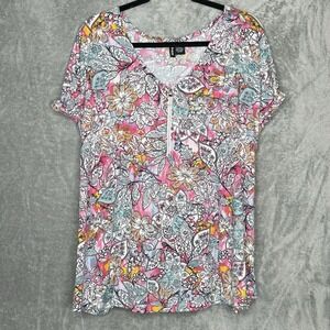 Kristin Nicole 3X Shirt Top Pink Floral Flower Short Sleeve V Neck Stretch Zip